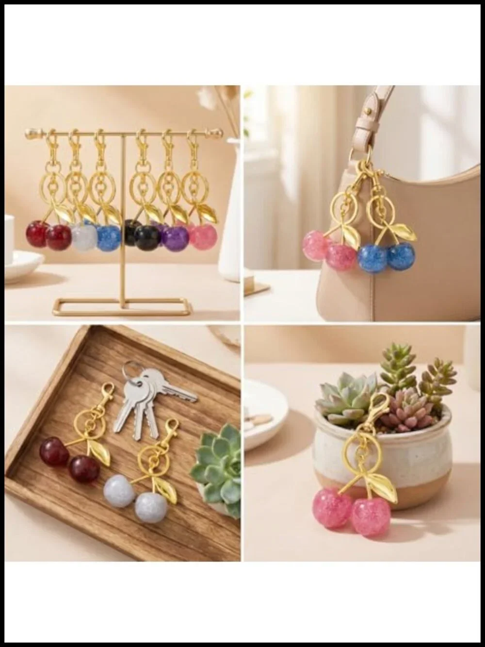 Glitter Cherry Keychain Set Bling Bag Charm for Women Handbag Accessories Resin
